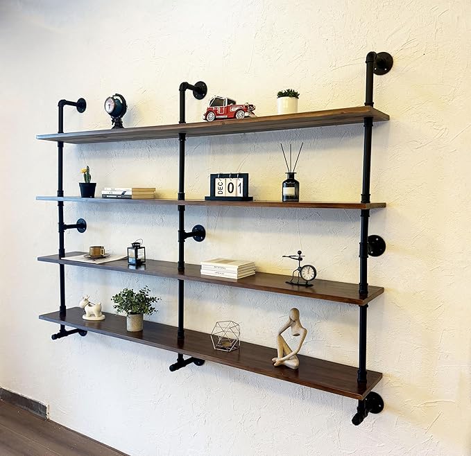 Industrial Pipe Wall Shelves With Real Wood Plank, 70 Inches Floating Shelves for Wall, 4 Tier Farmhouse Book Shelves, Dark Brown for Kitchen, Living Room Decor and Bar-Ruum Studio Home