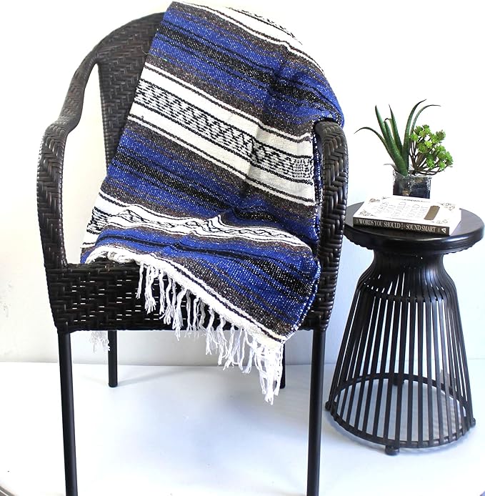 Del Mex Classic Mexican Blanket, Large Authentic Woven Falsa Throw (70"x50"), Artisan Southwest Décor for Beach, Yoga, Outdoors (Blue)-Ruum Studio Home
