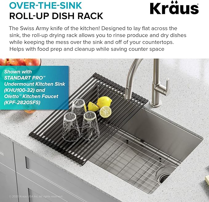 Kraus Multipurpose Over-Sink Roll-Up Dish Drying Rack, Colander and Trivet in Light Grey, KRM-10GREY-Ruum Studio Home