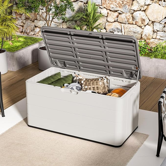 Premium Pro Edition 100 Gallon Lockable Resin Deck Box, Waterproof & UV-Resistant Outdoor Storage Box for Outdoor Cushion Storage, Garden Tools & Pool Accessories Storage, White-Ruum Studio Home