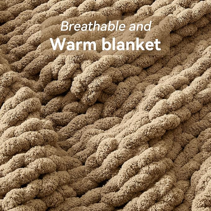 Chunky Knit Throw Blanket, 40''*50'' Knitted Throw Chenille Yarn for Bed Couch, Handmade Light Brown Crochet Big Thick Blanket, Machine Washable Cute Comfy Blanket for Home Decor-Ruum Studio Home