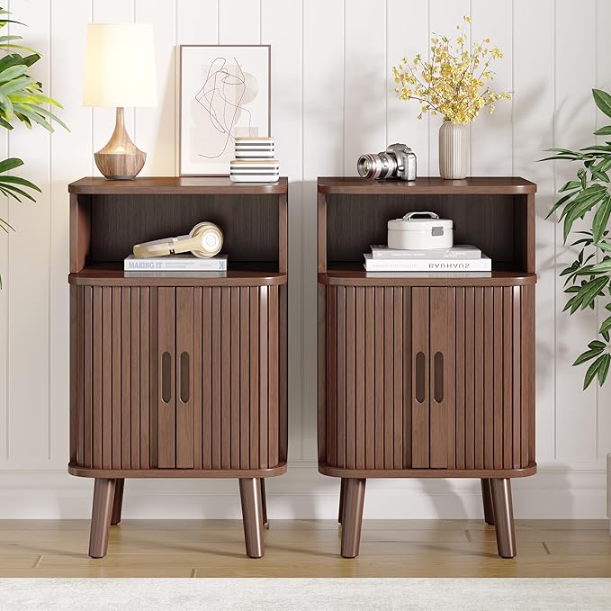 Alohappy Fluted End Table Set of 2, Mid Century Modern Nightstand with Sliding Tambour Door, Curved Round Edge Wood Bedside Table for Bedroom, Side Tables with Storage for Living Room, Walnut-Ruum Studio Home