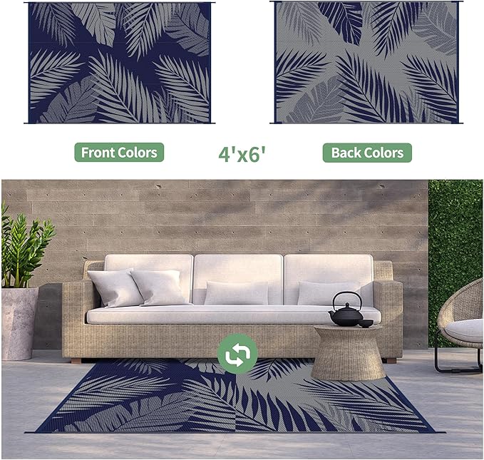 GENIMO Outdoor Rug 4' x 6' Waterproof for Patios Clearance, Reversible Outdoor Plastic Straw Camping Rug Carpet, Large Area Rugs Mats for RV, Camper, Deck, Balcony, Porch, Beach, Picnic Navy Blue&Grey-Ruum Studio Home