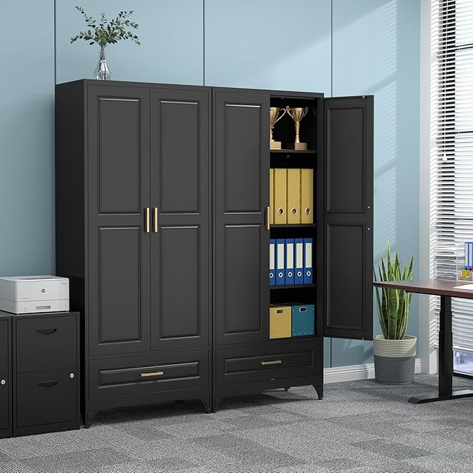 75" Kitchen Pantry Cabinet with Drawer, Metal Storage Cabinets with Doors and Adjustable Shelves, Black Tall Pantry Cabinet for Dinning Living Room, Home Office-Ruum Studio Home
