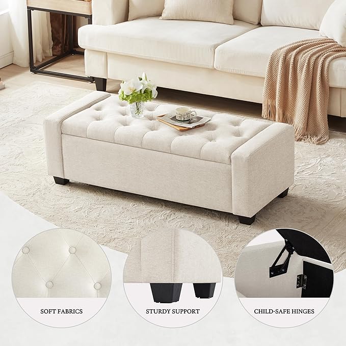 48" Ottoman with Storage, Storage Ottoman Bench with Safety Hinge, Upholstered Entryway Bench with Seating for Bedroom, Living Room, Holds up to 330 lb, Beige-Ruum Studio Home