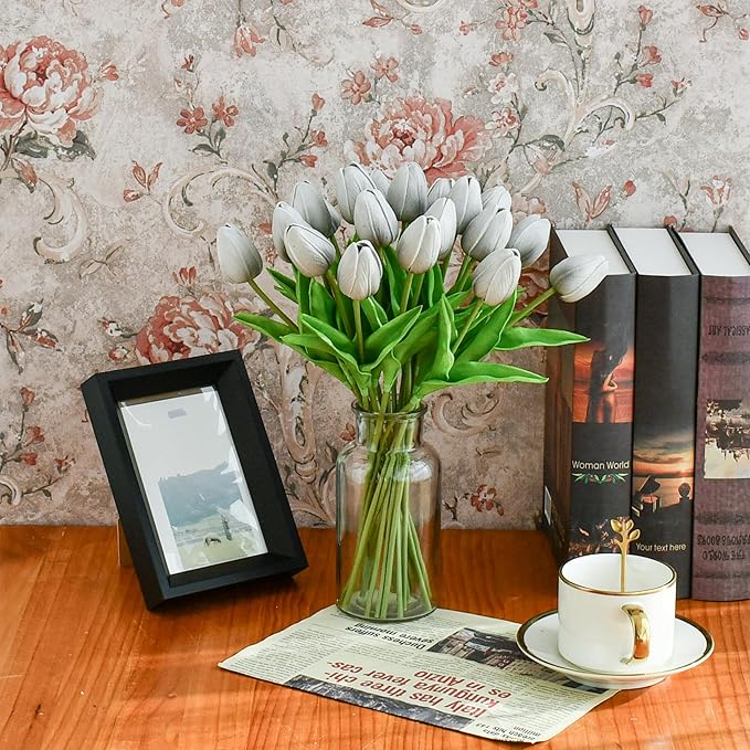Mandy's Artificial Tulips 20 Stems Silver Grey PU Faux Flowers for Wedding Home Decor 13.5 Inch-Ruum Studio Home