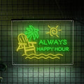 LIGHT UP LUXE Always Happy Hour Neon Sign, Bar Sign for Home Bar, Palm Tree & Sun Wall Decor, Summer Vibes Neon Light for Patio and Poolside-Ruum Studio Home