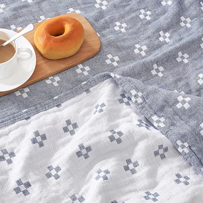 jinchan Boho 100% Cotton Blanket Muslin 50x60 Inches Lightweight 3-Layer Geometric Cross Pattern Reversible Quilt Throw Soft Breathable Comfy All Seasons for Couch Bed Decor, Blue-Ruum Studio Home