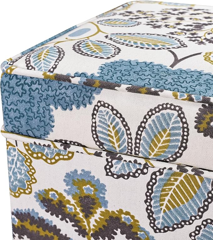 Adeco 18 Inch High Cube Ottoman Storage, Linen Chair Foot Stools, Upholstered Vanity Stool with Hinged Lid, Solid Wood Legs (Blue Leaves)-Ruum Studio Home