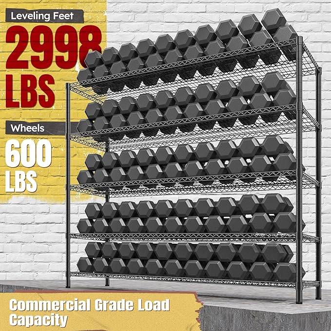 REIBII 85.7" H Storage Shelves 2998LBS Metal Shelving Unit with Wheels & Feet, 5 Tier Garage Shelving Heavy Duty Adjustable Wire Shelf for Pantry Kitchen Garage, 85.7" H X 55.5" W X 24.2" D, 2PCS-Ruum Studio Home