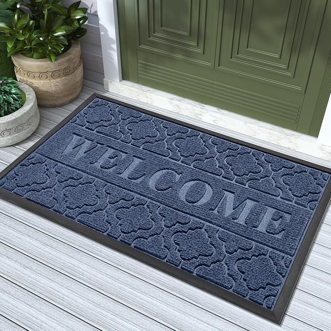 Yimobra Welcome Matt Outdoor Indoor 29.5x17, All-Weather Waterproof Front Door Mat, Non-Slip Low Profile Porch Patio Entrance Doormat, Blue-Ruum Studio Home
