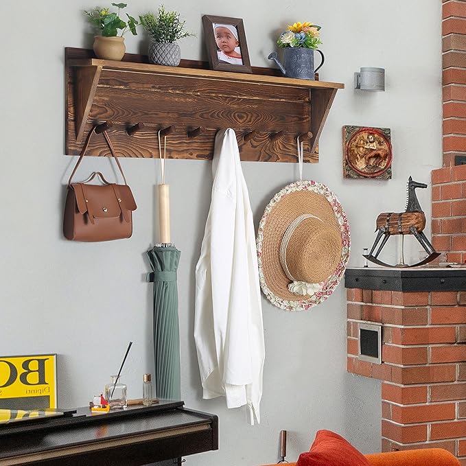 WEBI Coat Rack Wall Mount with Shelf,8 Peg Hooks,34" Long Rustic Entryway Wall Shelf with Hooks Underneath for Hanging Coats,Clothes,Bathroom,Rustic Brown-Ruum Studio Home