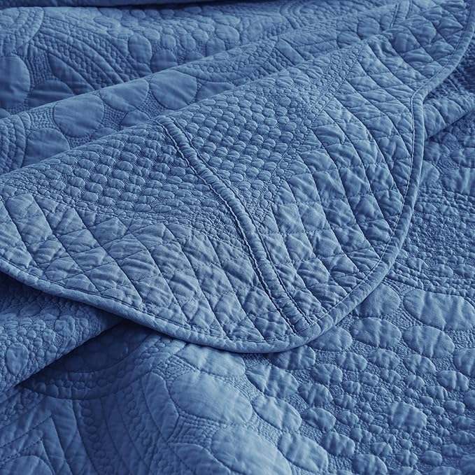 MarCielo 3-Piece 100% Cotton Oversized Bedspread Lightweight Quilt Coverlet Embroidery Farmhouse Bedding Set (Tf Midtone Blue, Oversized King (118"x106"))-Ruum Studio Home