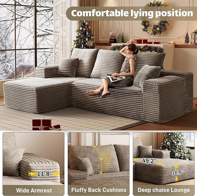 HYJT-H&K Modular Sectional Sofa Cloud Couch, 107" Comfy L Shaped Sectional Couches for Living Room, Deep Seat Memory Foam Plush Fluffy Corduroy Boneless Couch Sectionals Left Facing Sofa Chaise Brown-Ruum Studio Home