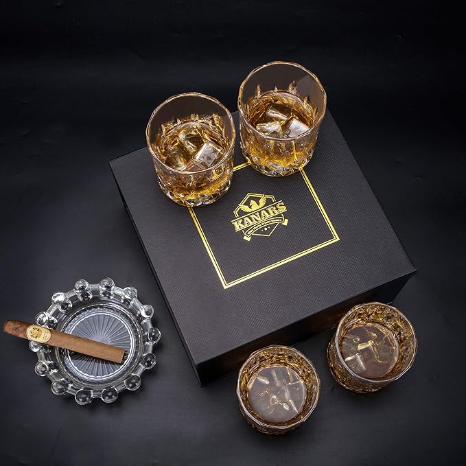 KANARS Old Fashioned Whiskey Glasses with Luxury Box - 10 Oz Rocks Barware For Scotch, Bourbon, Liquor and Cocktail Drinks - Set of 4 - Men Gift-Ruum Studio Home