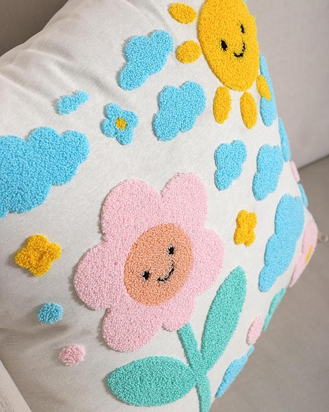katre home madame & textile Throw Pillow Cover – Sun & Cloud Punch Needle Cushion 18x18 inch – Handmade Embroidered Boho Cotton Pillow for Couch, Bed or Nursery Room Decor-Ruum Studio Home