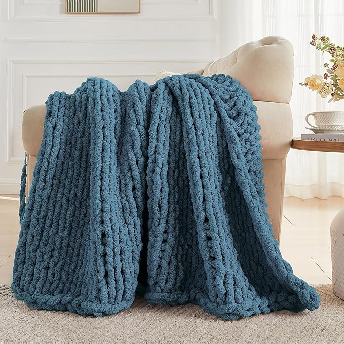 Carriediosa Chunky Knit Throw Blanket 50" X 60", 100% Hand Made Large Chenille Loop Yarn Soft Fluffy Throws for Couch Sofa Bed, Big Crochet Cozy Heavy Thick Cable Woven Blankets, Lyons Blue-Ruum Studio Home