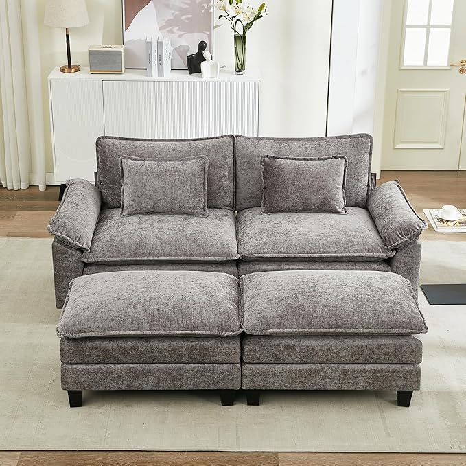 URRED Modular Sectional Sofa Comfy Cloud Couch, Modern Chenille Sofa Sleeper Deep Seat Couches with Ottoman/Pillows for Living Room (Gray, 82.6''- 2 Ottomans)-Ruum Studio Home