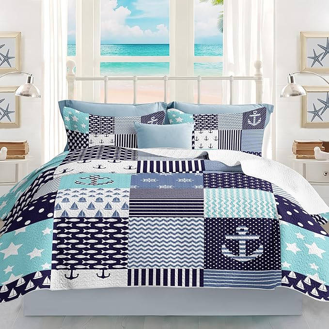 Nautical Bedding Queen Size Coastal Quilt with 2 Shams, Coastal Beach Comforter Sets Ocean Bedspreads Coverlet Summer Bedding, 90''x96''-Ruum Studio Home