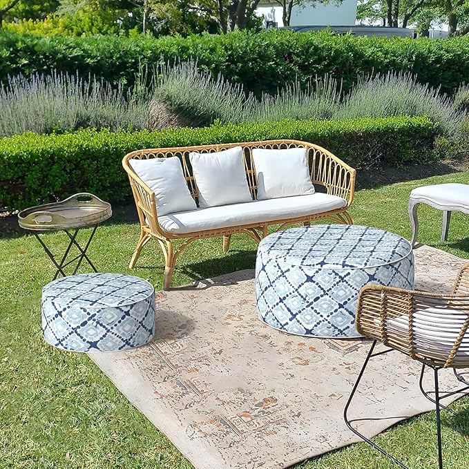 LVTXIII Inflatable Stool Ottoman Footrest with Handle, Decorative Fade-Resistant Foot Stool, Indoor or Outdoor Pouf for Home Garden and Camping Use, 21x21x9, Boho Geometry Blue-Ruum Studio Home