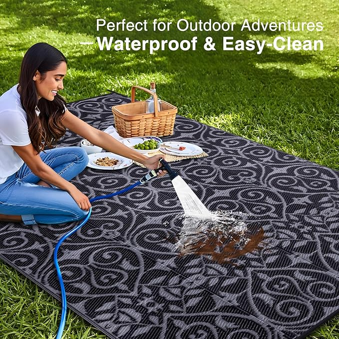 OLANLY Outdoor Rug Waterproof 9x12 ft Clearance, Reversible Outdoor Plastic Straw Rug with Floral Pattern, RV Mat for Patio, Camping, Balcony, Deck, Backyard, Black & Grey-Ruum Studio Home