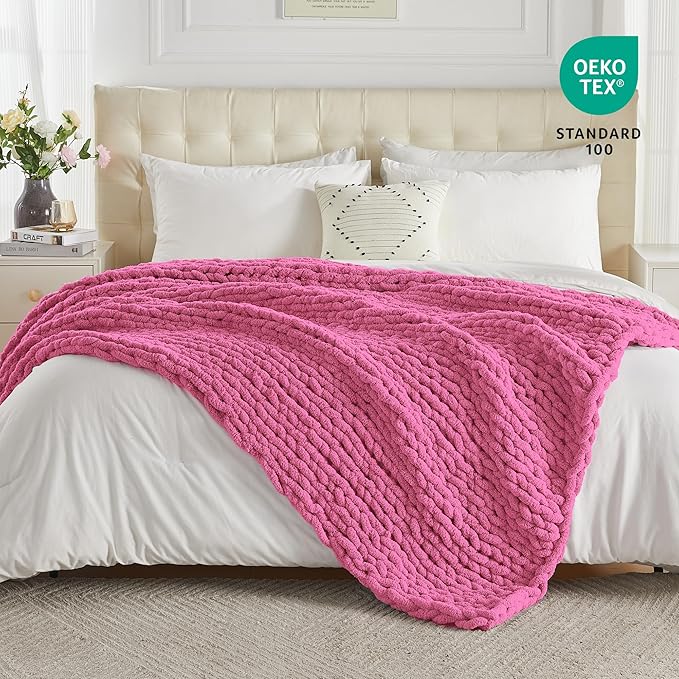 Carriediosa Chunky Knit Throw Blanket 60" X 80" Twin, 100% Hand Made Large Chenille Loop Yarn Soft Fluffy Throws for Couch Sofa Bed, Big Crochet Cozy Heavy Thick Cable Woven Blankets, Hot Pink-Ruum Studio Home