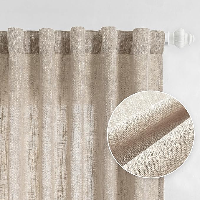 MYSKY HOME Curtains for Kitchen Windows, Sheer Curtains 63 Inch Length for Girls Bedroom Boho Linen Look Textured Fabric Soft Touch Light Filtering, 50" Wide, Light Oatmeal, Set of 2-Ruum Studio Home