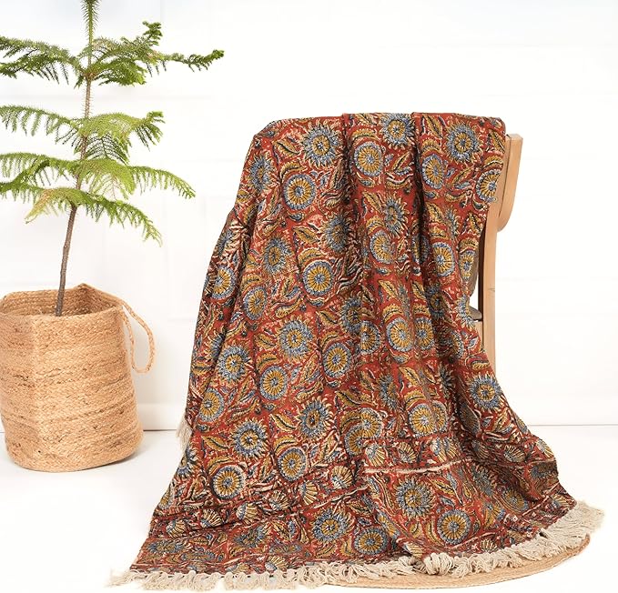 Handmade Cotton Throw Blanket | Floral Block Print in Orange & Navy | 48x70 Inches Fringed Bed Runner | Lightweight Boho Sofa Throw for Couch, Living Room & Bedroom Decor-Ruum Studio Home