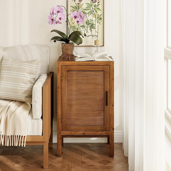 1 Door Farmhouse Nightstand, Rustic Slat Door Cabinet with 2 Shelves, Accent End Table with Storage for Bedroom, Brown-Ruum Studio Home