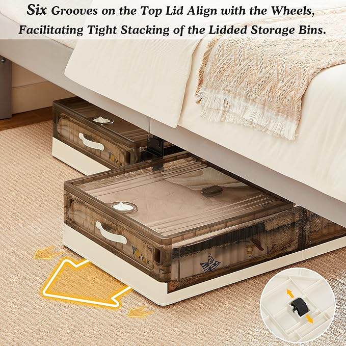 VECELO Under Bed Storage with Wheels, 26.5Gal Stackable Under Bed Storage Containers, Underbed Storage Containers with Lids, Plastic Foldable Folding Box for Clothes Shoes-Ruum Studio Home