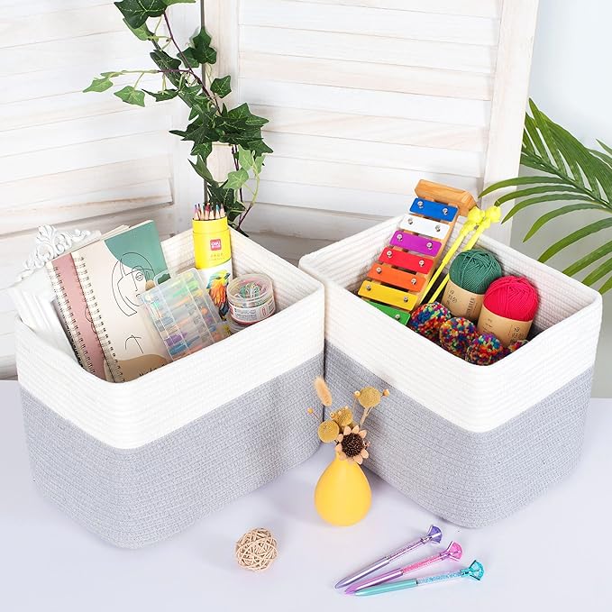 MINTWOOD Design 3-Pack Storage Baskets for Shelves, Playroom and Classroom, Book Basket, Decorative Storage Cube Bins, Woven Closet Organizers, Pantry and Shoe Organizer, Grey-Ruum Studio Home