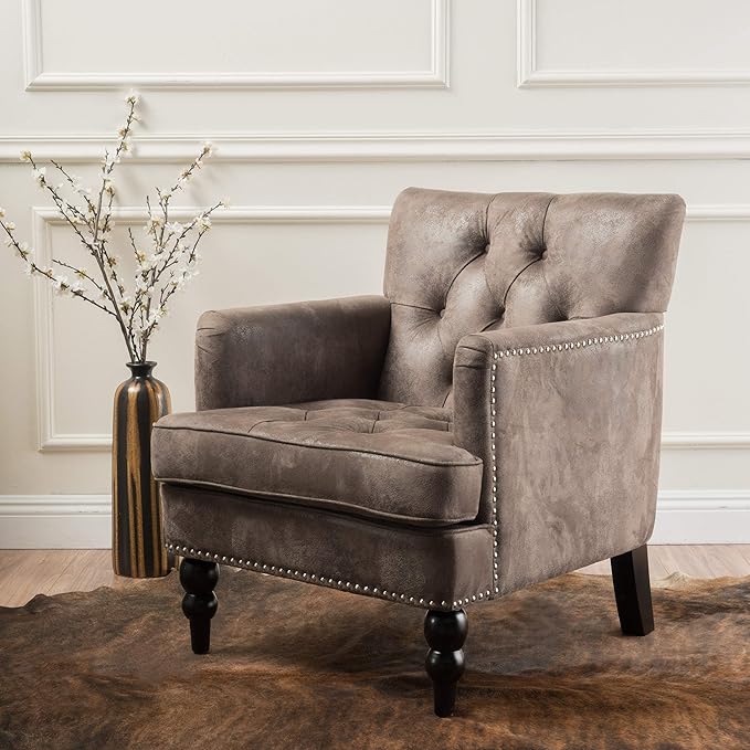 Christopher Knight Home GDFStudio Medford Brown Tufted Club Chair, Fabric Accent Chair with Studded Nailhead Accents-Ruum Studio Home