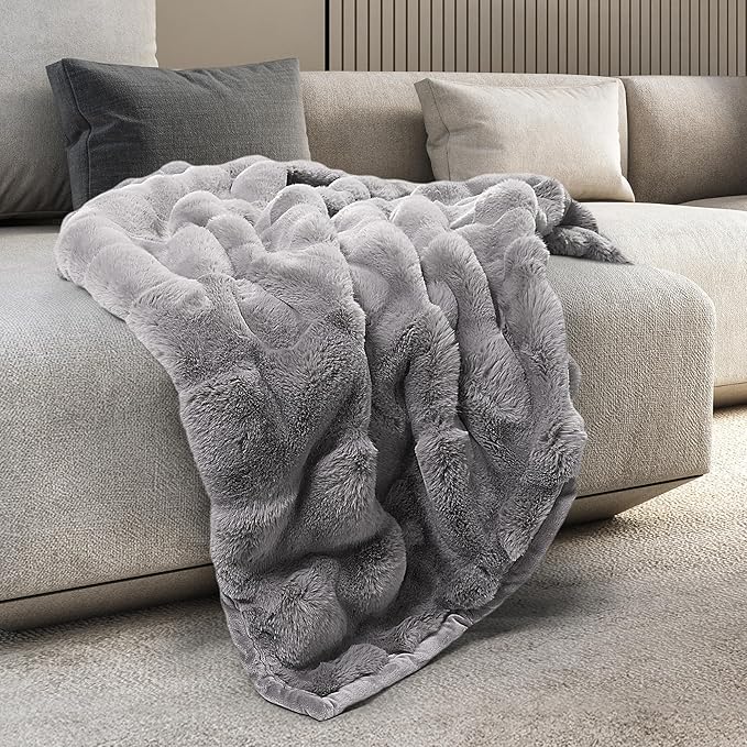 Mon Chateau 60" x 70" Faux Fur Throw Blanket - Reversible Soft Blanket for Queen-Size Bed, Couch, or Sofa, Cozy Home Decor and Stylish Living Room Comfort in Grey-Ruum Studio Home
