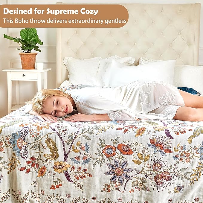 Boho Throw Blanket, 100% Organic Cotton Breathable Ultra Soft Bed Quilt Throw - All Season Floral Bird Butterfly Farmhouse Decor Blanket for Sofa Couch Chair and Gift. 60" x 80"-Ruum Studio Home