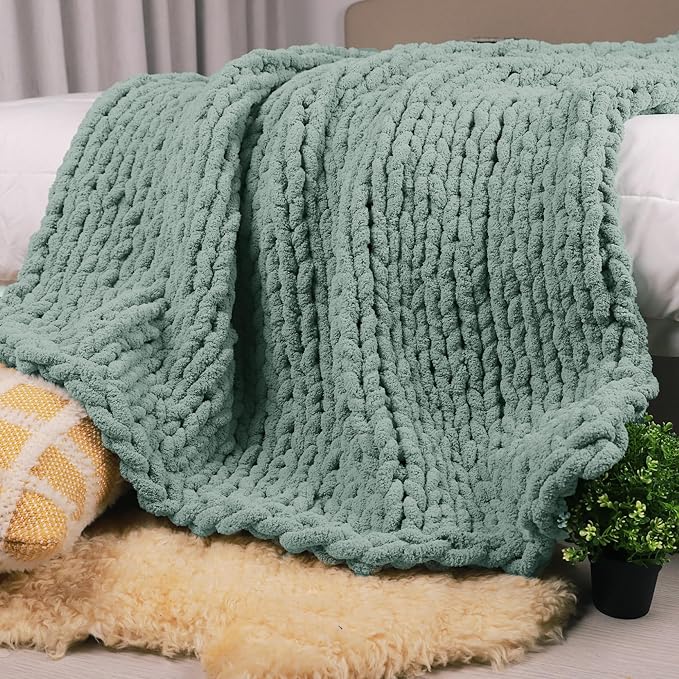 Carriediosa Chunky Knit Throw Blanket 50" X 60", 100% Hand Made Large Chenille Loop Yarn Soft Fluffy Throws for Couch Sofa Bed, Big Crochet Cozy Heavy Thick Cable Woven Blanket, Sage Green-Ruum Studio Home