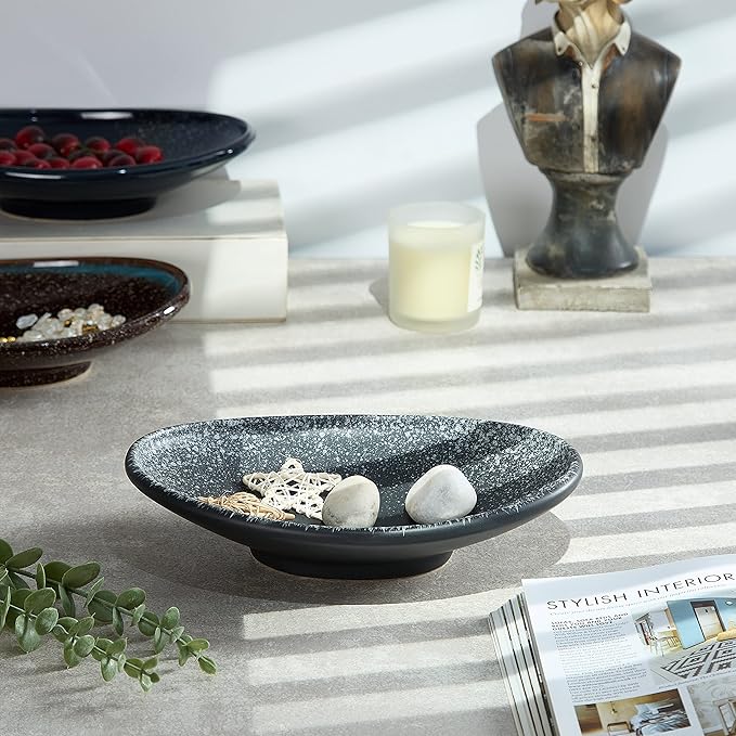 Oval Ceramic Decorative Bowl, Key Dish for Entryway Table, Small Home Decor Accent, Trinket Tray for Office Home Decor Gift (10'' Snowflake Gray without Glaze Layer)-Ruum Studio Home