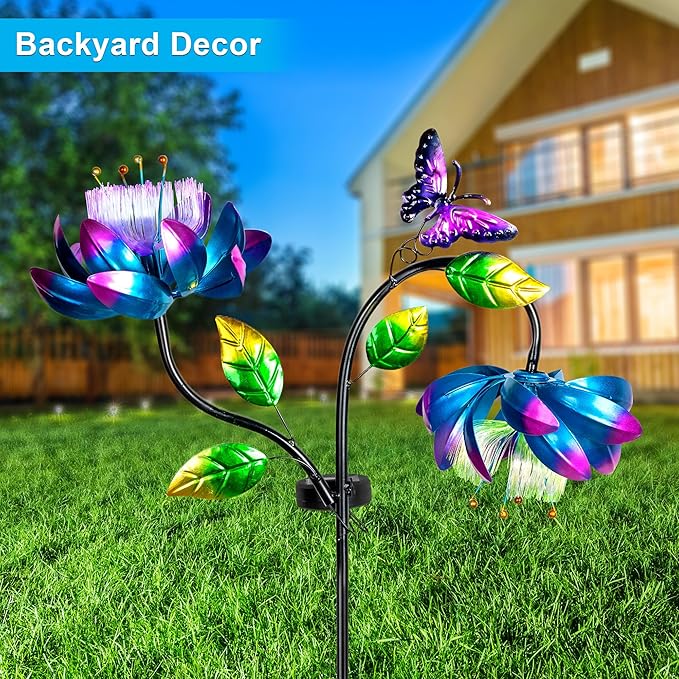 50'' Solar Powered Kinetic Wind Spinner Sculpture Blue Lotus Metal Stake Spinner for Patio, Lawn and Garden Decor Weather Resistant Outdoor Art with Dual Lotus with Butterfly Design-Ruum Studio Home