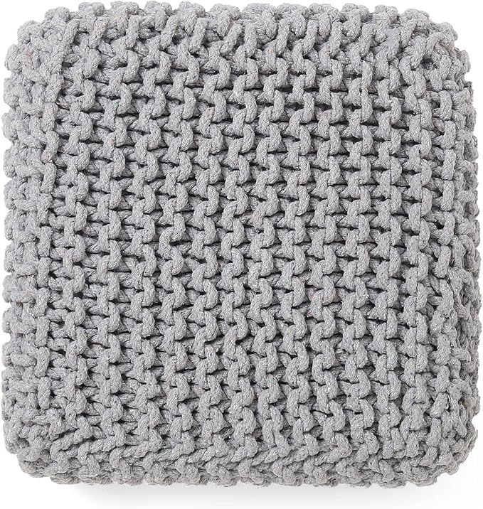 REDEARTH · Cube Low Pouf Foot Stool Ottoman - Hand Knitted Poof - Cord Boho Pouffe - Home Décor - Stuffed Footrest for Living Room - Nursery - Bedroom - Patio (16" x 16" x 8") - Light Gray-Ruum Studio Home