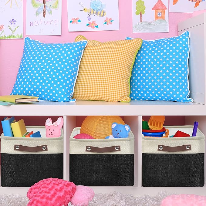 SIMPLE HOUSEWARE Large Fabric Storage Bin, 15" x 11" with Leather Like Handles, 3 Pack, Black-Ruum Studio Home