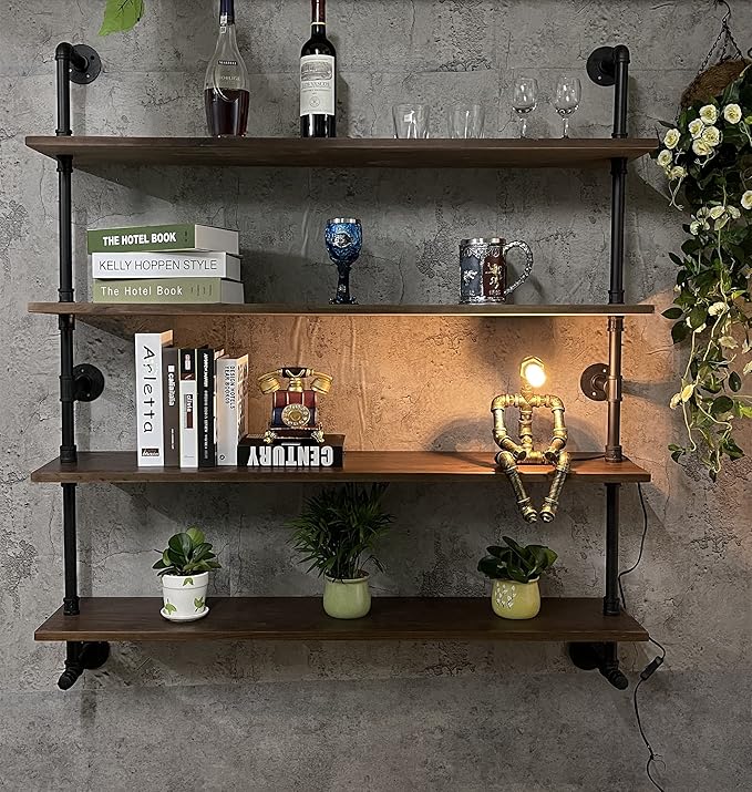 Industrial Pipe Wall Shelves With Real Wood Plank, 48 Inches Floating Shelves for Wall, 4 Tier Farmhouse Book Shelves, Dark Brown for Kitchen, Living Room Decor and Bar-Ruum Studio Home