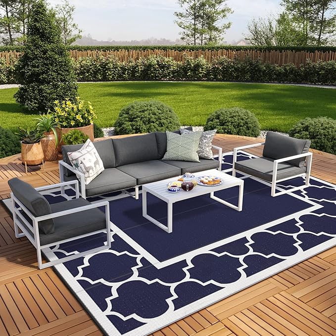GENIMO 10' x 14' Outdoor Rug Waterproof for Patio, Foldable Reversible Plastic Straw Area Rugs Mat for Rv Decor, Outside Carpet for Camper, Deck, Picnic, Beach, Balcony, Porch, Blue & White-Ruum Studio Home