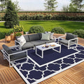 GENIMO 10' x 14' Outdoor Rug Waterproof for Patio, Foldable Reversible Plastic Straw Area Rugs Mat for Rv Decor, Outside Carpet for Camper, Deck, Picnic, Beach, Balcony, Porch, Blue & White-Ruum Studio Home