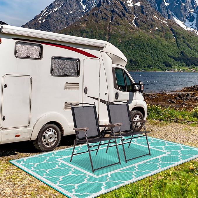 GENIMO 6' x 9' Outdoor Rug Waterproof for Patio Decor, Reversible Plastic Straw Area Mats Carpet for Camper Clearance, Outside Carpet for Rv, Deck, Porch, Beach, Balcony, Aqua Blue & White-Ruum Studio Home