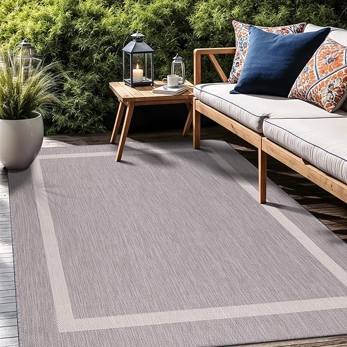 Bordered Outdoor Rug 8x10 Washable Outside Carpet for Indoor Patio Porch Waterproof Easy Cleaning Non Shedding Area Rugs Gray 8 x 10-Ruum Studio Home
