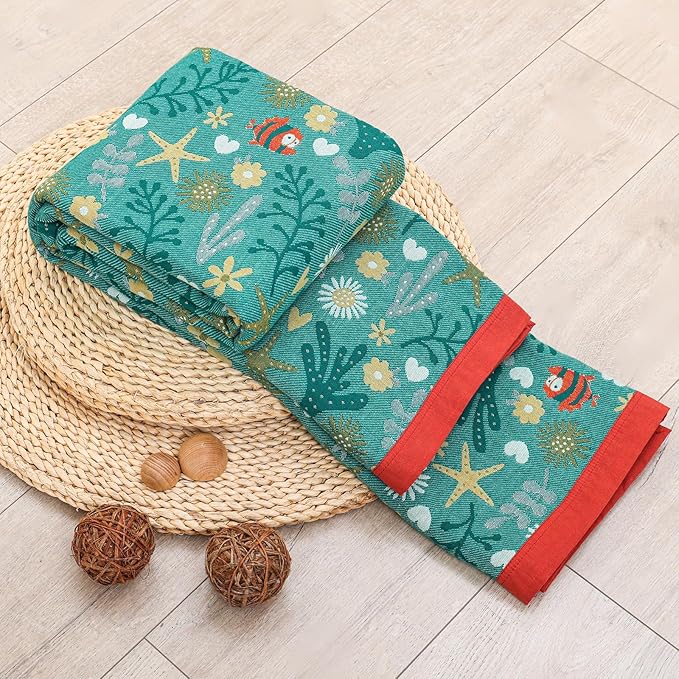 Boho Throw Blanket, 100% Organic Cotton Skin-Friendly Breathable Ultra Soft Bed Quilt Throw - All Season Blue & Red FishFarmhouse Decor Blanket for Sofa Couch Chair and Gift. 60" x 80"-Ruum Studio Home