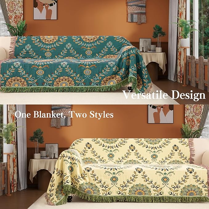Boho Throw Blanket Twin Size, Soft Cozy Cotton Muslin Quilt Blanket for Bed Decor, Floral Patterned Couch Sofa Chair Cover, Vintage Farmhouse Cottage Tapestry Woven Blanket, Green&Beige-Ruum Studio Home