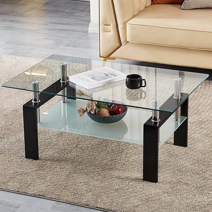 Glass Coffee Table for Living Room, 2 Layer Center Table with Clear Rectangle Tempered Glass Top Black Metal Leg, Mordern Home Office Furniture-Ruum Studio Home