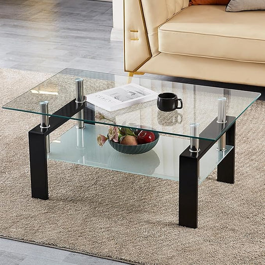 Glass Coffee Table for Living Room, 2 Layer Center Table with Clear Rectangle Tempered Glass Top Black Metal Leg, Mordern Home Office Furniture-Ruum Studio Home