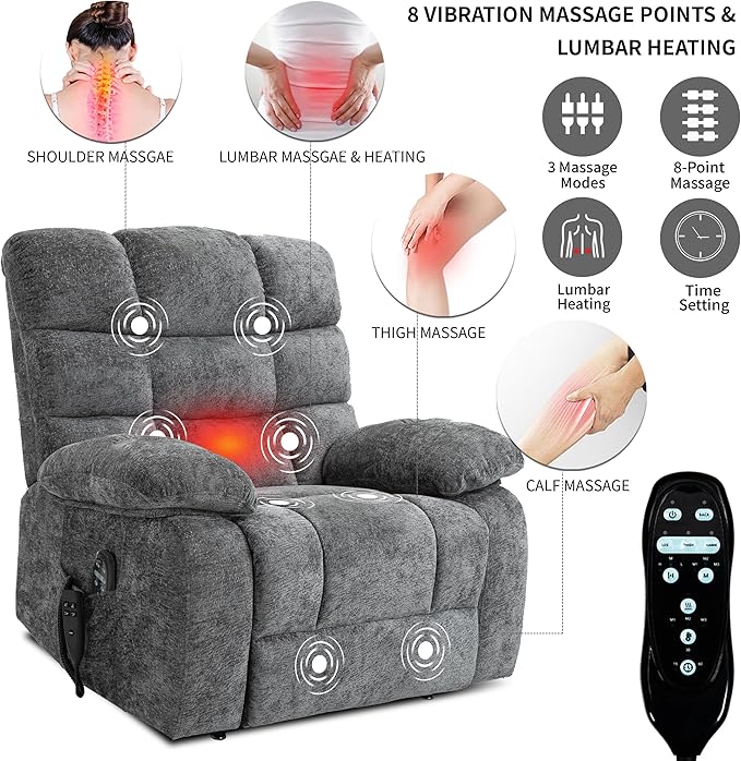 Power Lift Recliner Chair for Elderly People, Lay Flat Recliner with Vibration Massage and Lumbar Heating, Lift Chair with Infinite Position and 2 Remote Controls, Chenille Fabric Gray-Ruum Studio Home