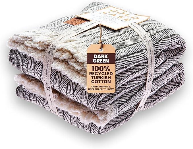 Gold Case Throw Blanket for Couch – 100% Recycled Turkish Cotton Blankets – Elegant Decorative Throw Blankets for Living Room Sofa – Woven Throws for Couch – Vintage Dark Green – 50x60 (Set of 2)-Ruum Studio Home